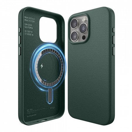 Elago kryt Leather Case Magsafe pre iPhone 15 Pro Max - Midnight Green