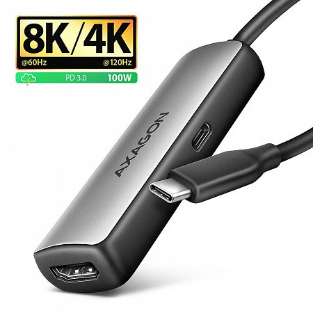 AXAGON RVC-HI8KPD, USB-C -> HDMI 2.1 redukcia / adaptér, 8K/60Hz, 4K/144Hz, HDR10+, PD100W