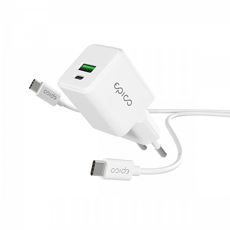 iStores by Epico Ultraboost GaN 20W sieťový adaptér EA20 s 1,2 m USB-C na USB-C kablom - biela