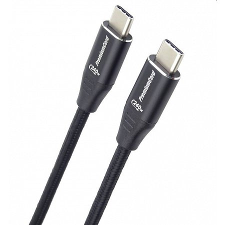 PremiumCord Kábel USB-C M/M, 5A, 240W 480Mbps cierny bavlnený oplet, 2m